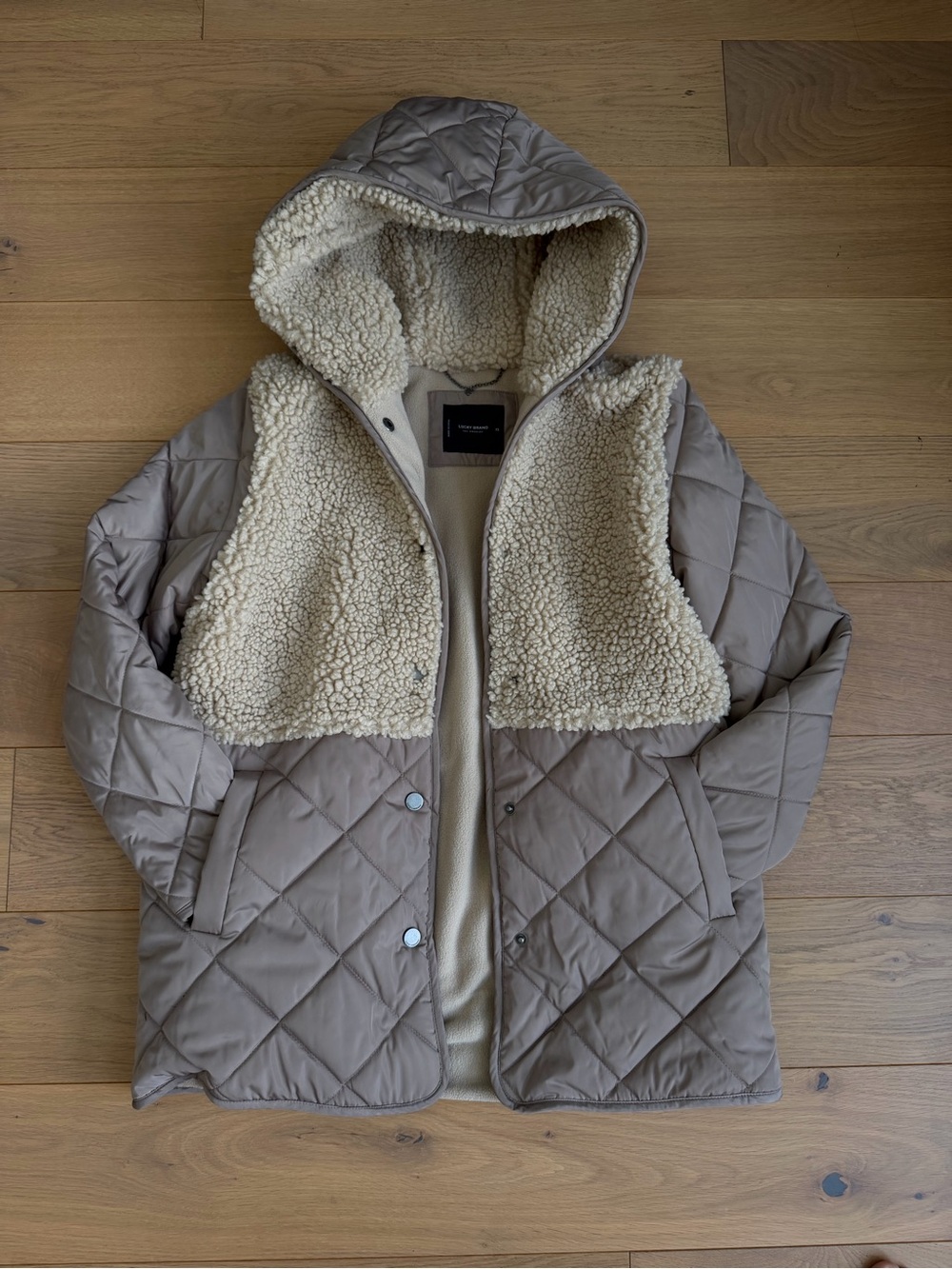 Quilted Hooded Jacket with Sherpa Lining in Taupe